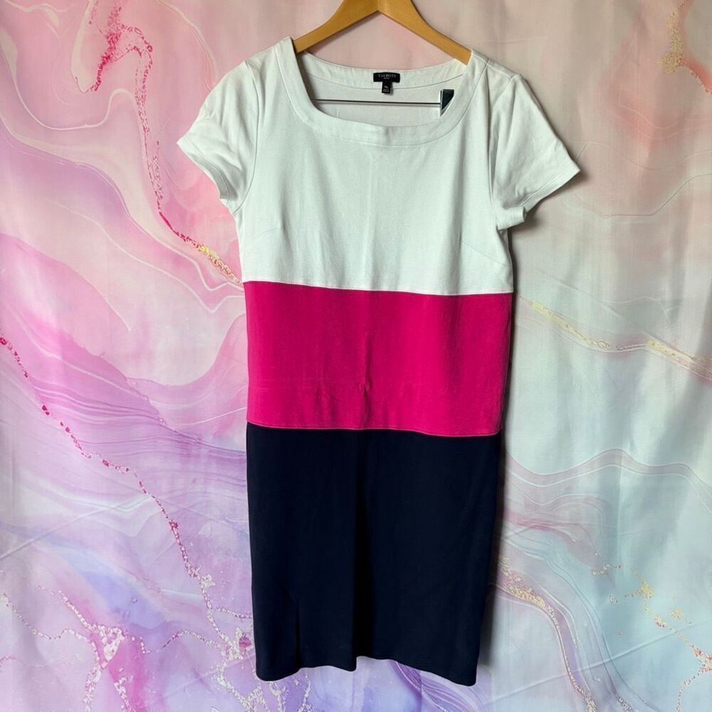Talbots MP Square Neck Dress Pink Navy Blue White Preppy Boardwalk Professional